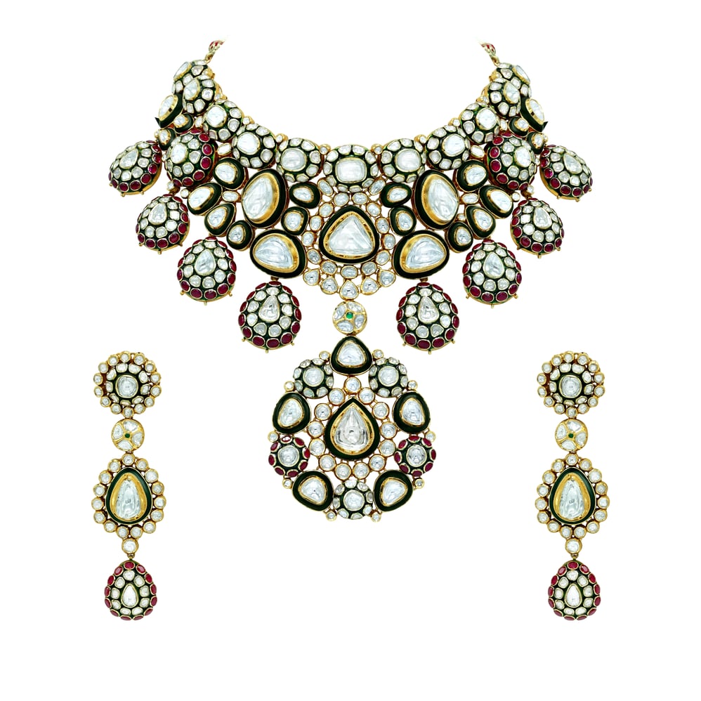 Bridal Polki Choker with Rubies, Green Meena, and Makadi Design Necklace Set